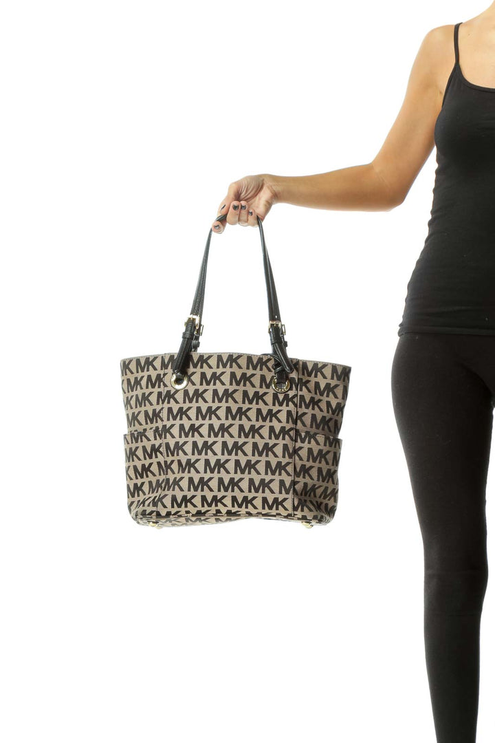 Black Beige Gold Hardware Pocketed Texture Knit Tote Bag