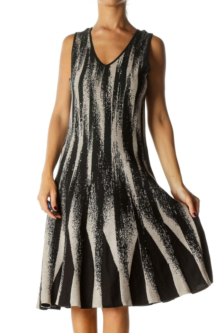 Black Beige Silver Thread V-Neck Knit Textured Flared Dress