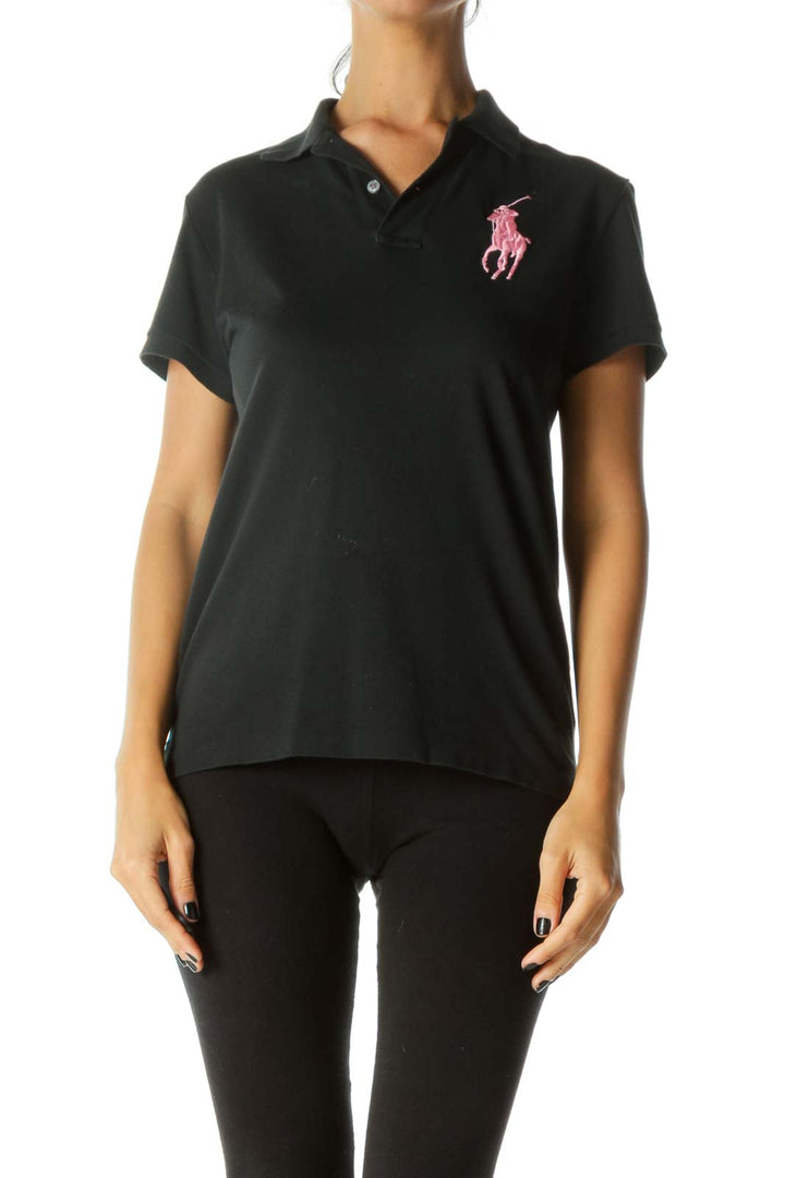 Black Pink Logo Embroidery Pima Cotton Polo Shirt