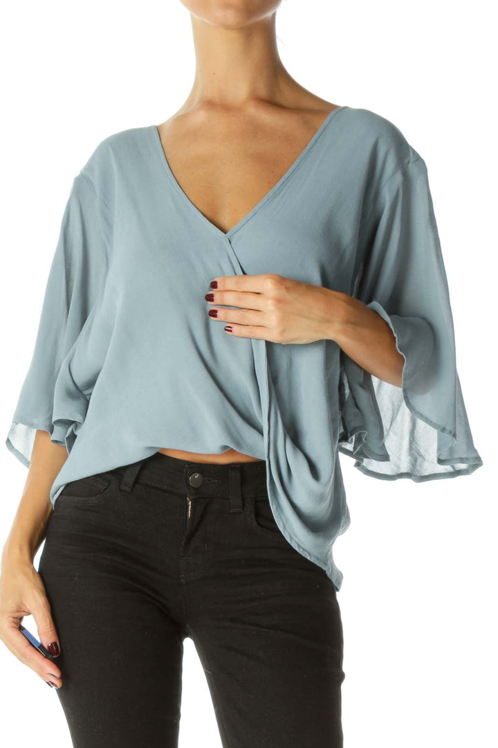 Blue V-Neck Short Flared Sleeves Knot Front Detail Blouse