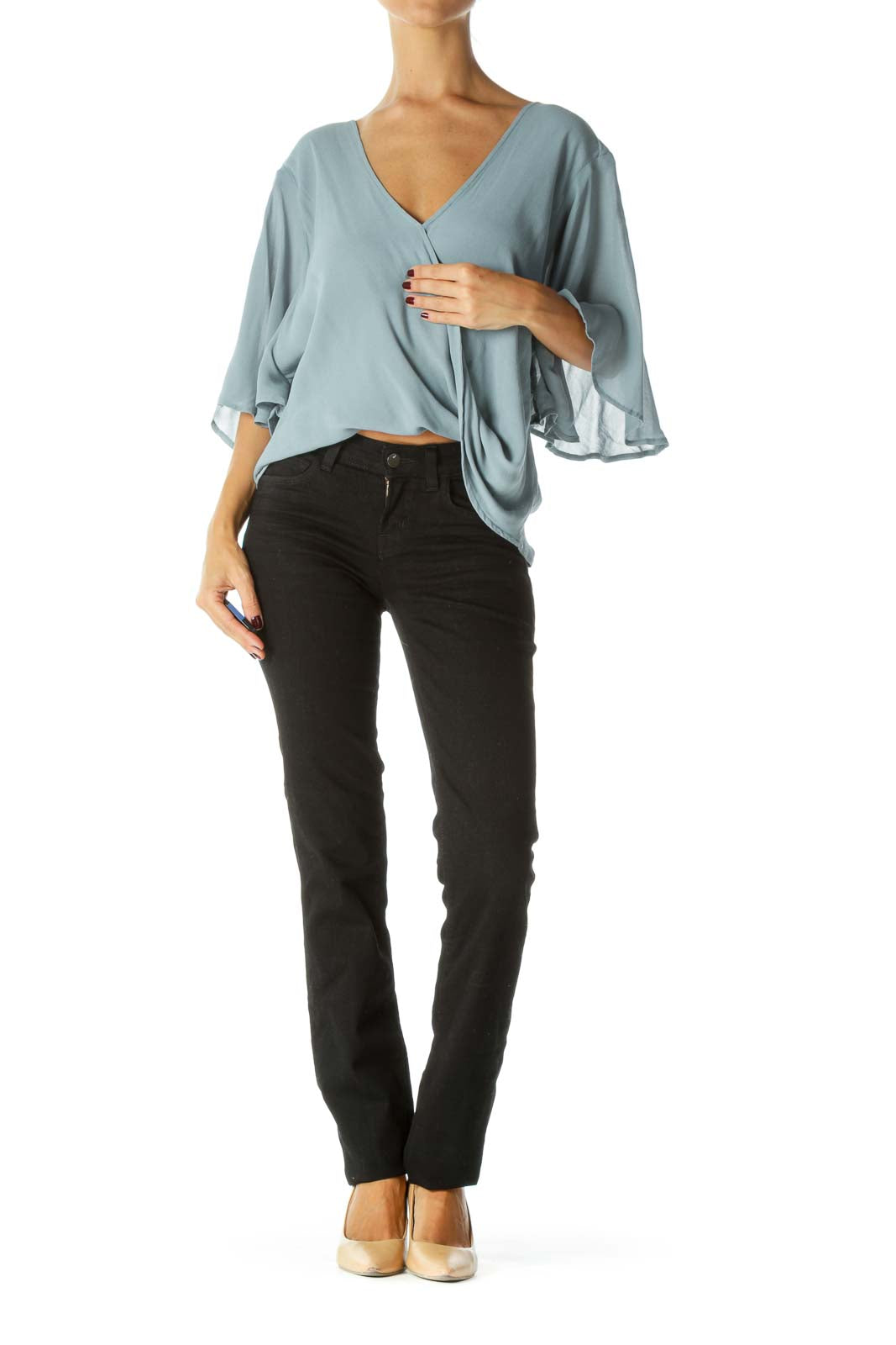 Blue V-Neck Short Flared Sleeves Knot Front Detail Blouse