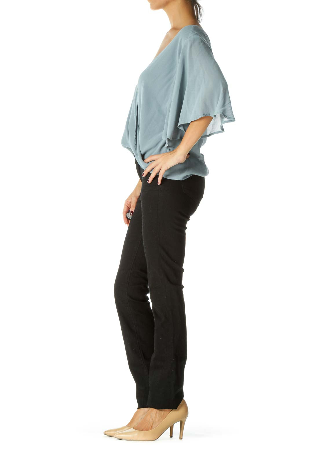 Blue V-Neck Short Flared Sleeves Knot Front Detail Blouse