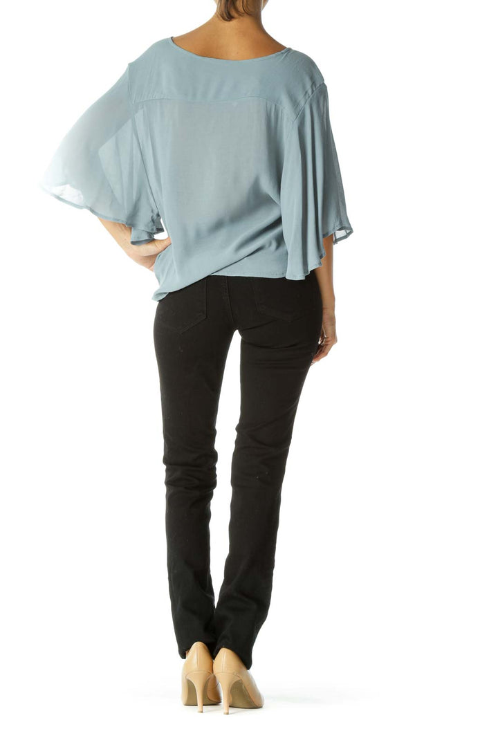 Blue V-Neck Short Flared Sleeves Knot Front Detail Blouse