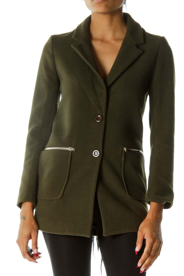 Green V-Neck Zippers Pocketed Buttoned Long Sleeve Coat