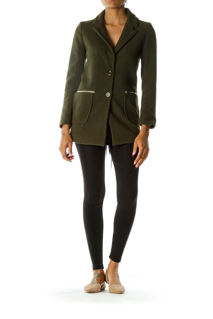 Green V-Neck Zippers Pocketed Buttoned Long Sleeve Coat