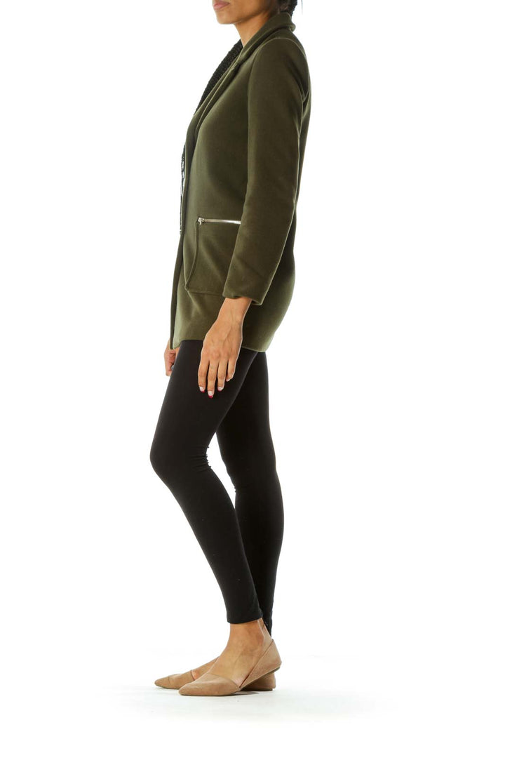 Green V-Neck Zippers Pocketed Buttoned Long Sleeve Coat