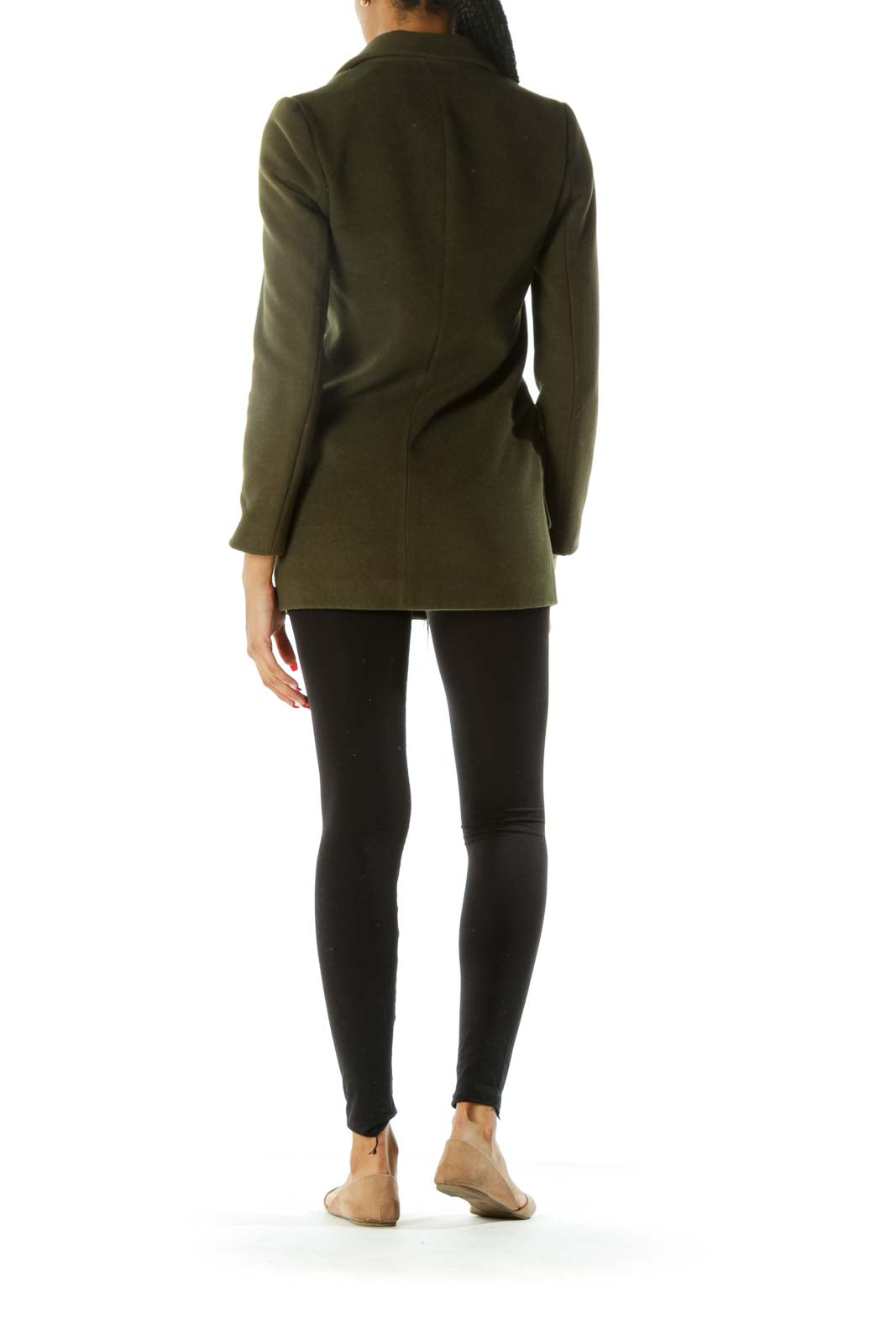 Green V-Neck Zippers Pocketed Buttoned Long Sleeve Coat