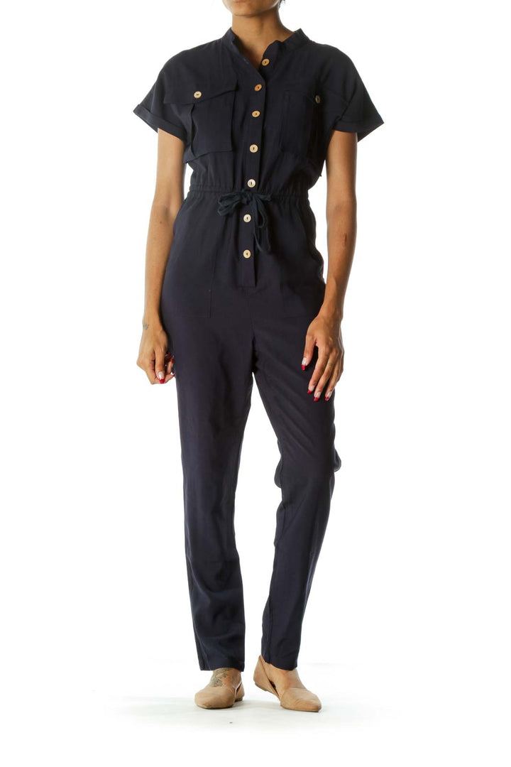 Navy Blue Breast-Pockets Short Sleeves Drawstring Jumpsuit