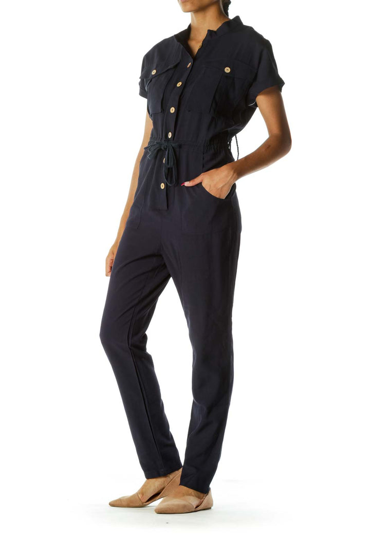 Navy Blue Breast-Pockets Short Sleeves Drawstring Jumpsuit