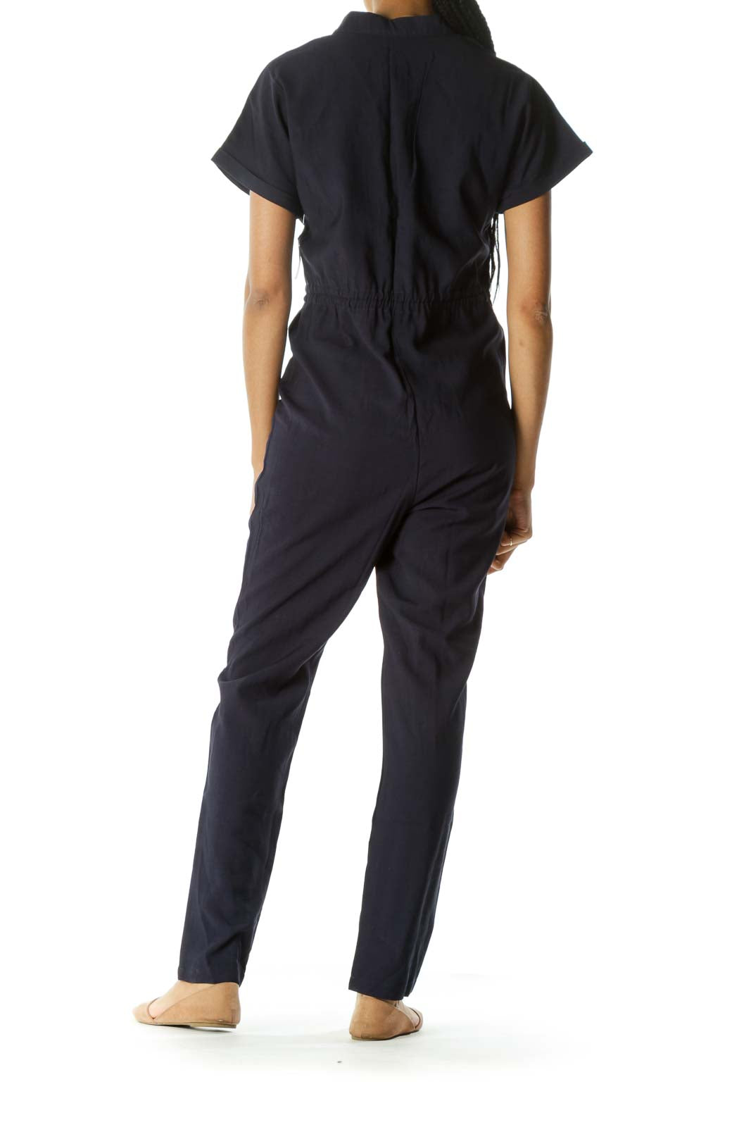 Navy Blue Breast-Pockets Short Sleeves Drawstring Jumpsuit