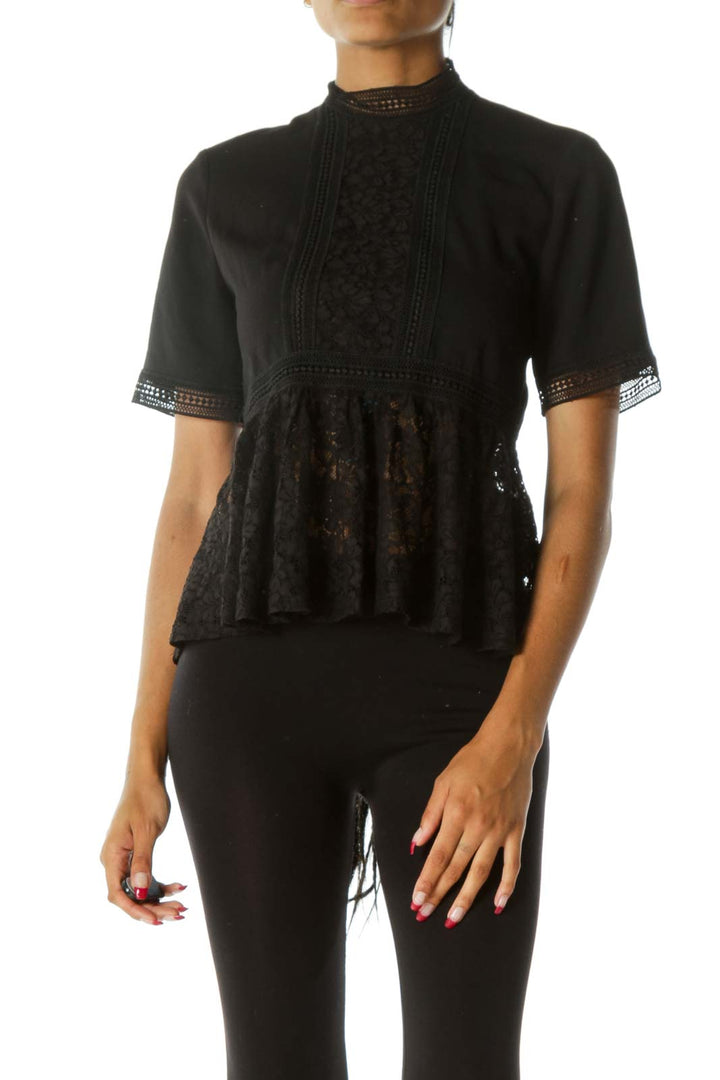 Black Lace Contrast Mock-Neck Flared Blouse