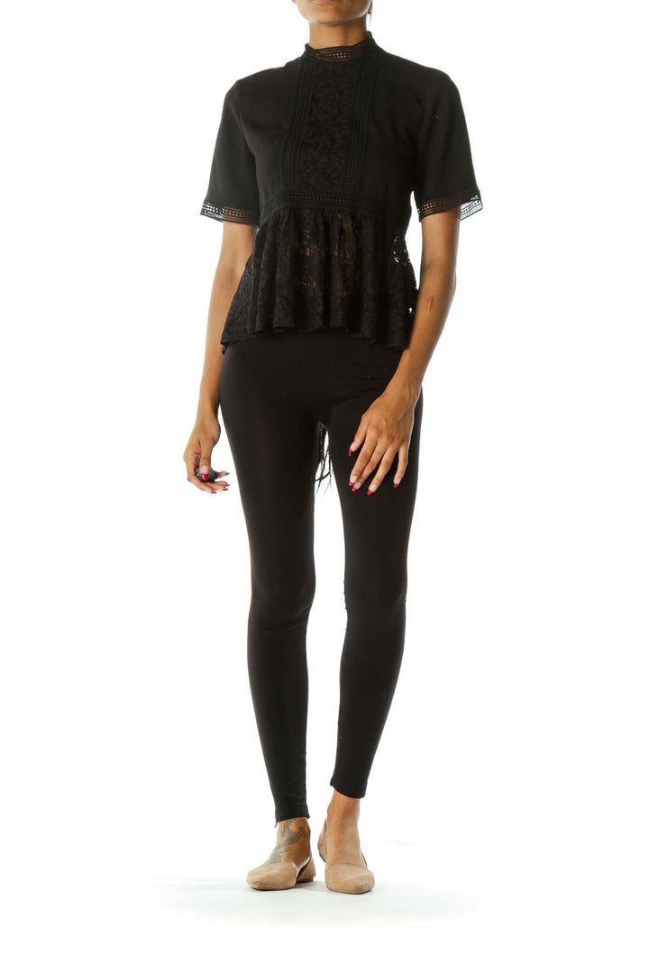 Black Lace Contrast Mock-Neck Flared Blouse