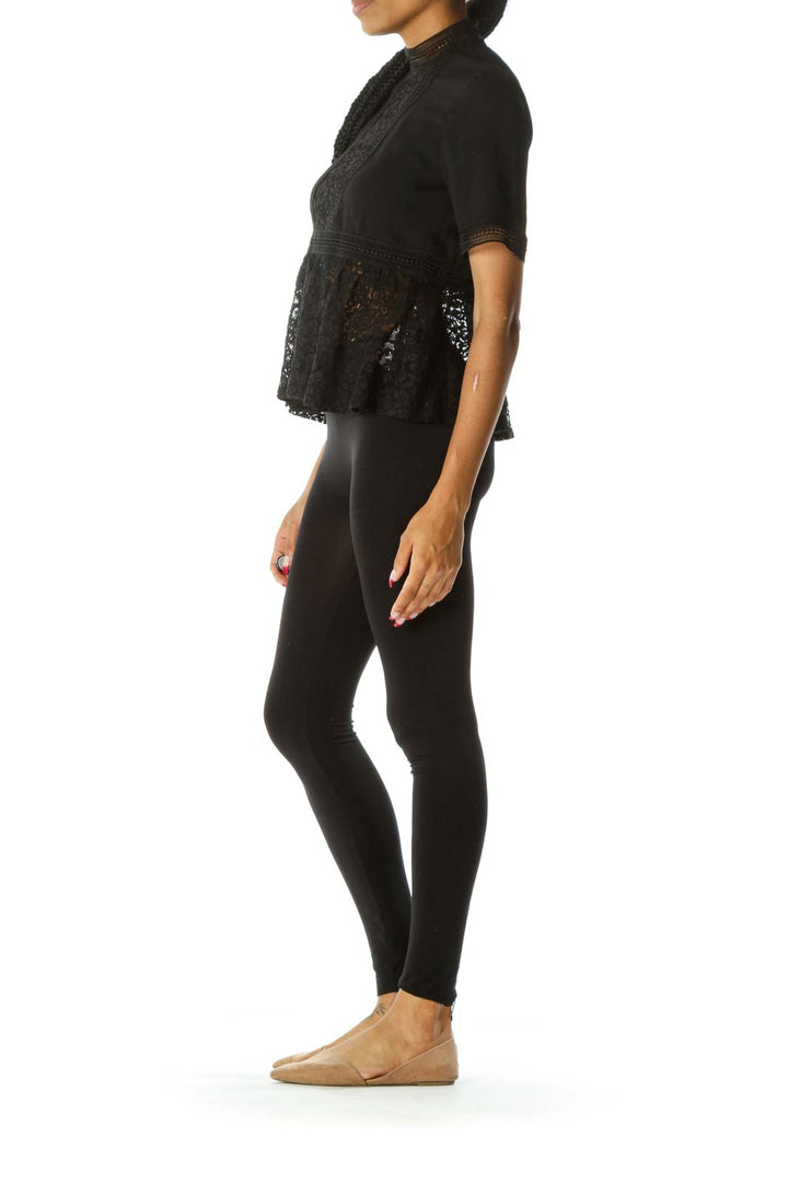 Black Lace Contrast Mock-Neck Flared Blouse