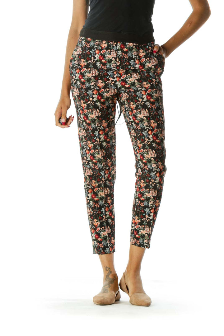 Black Floral Print Pocketed Tapered Pants