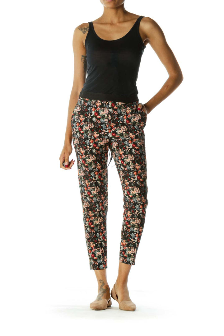 Black Floral Print Pocketed Tapered Pants