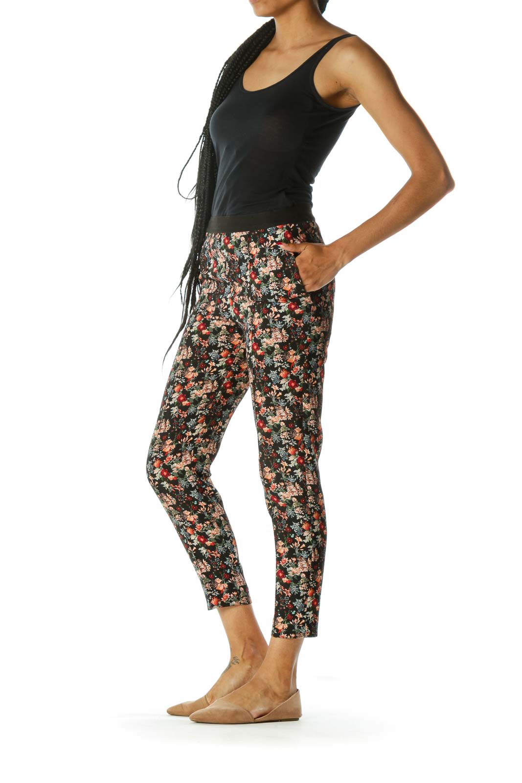 Black Floral Print Pocketed Tapered Pants