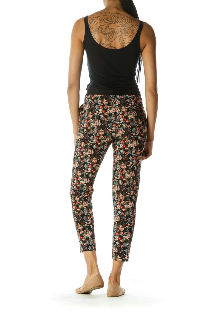 Black Floral Print Pocketed Tapered Pants