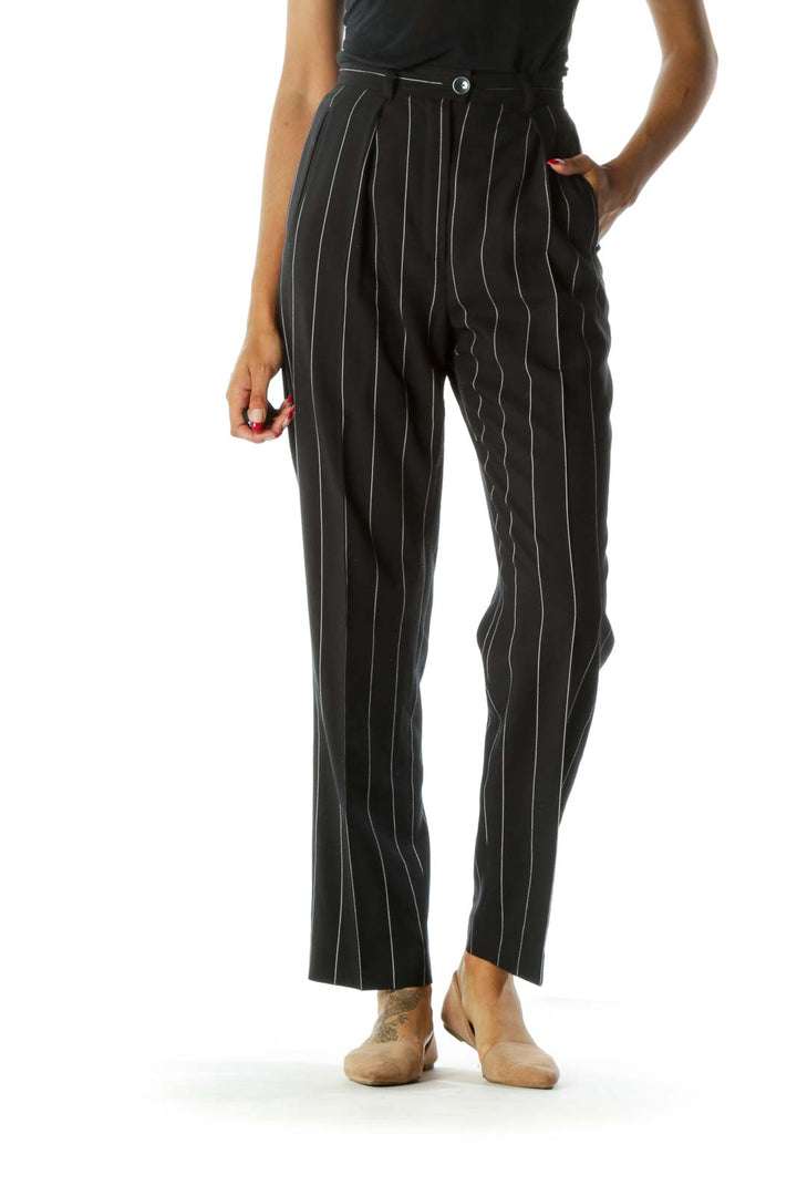 Navy & White Pinstripe 100% Pure Wool Designer High-Waisted Pants