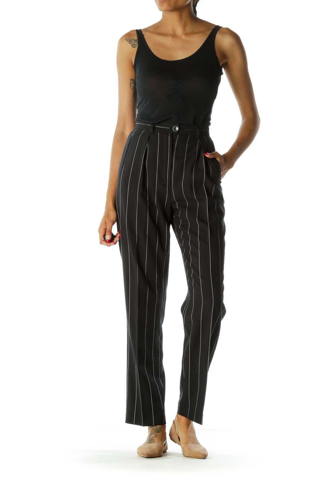 Navy & White Pinstripe 100% Pure Wool Designer High-Waisted Pants