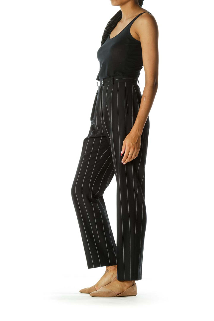 Navy & White Pinstripe 100% Pure Wool Designer High-Waisted Pants