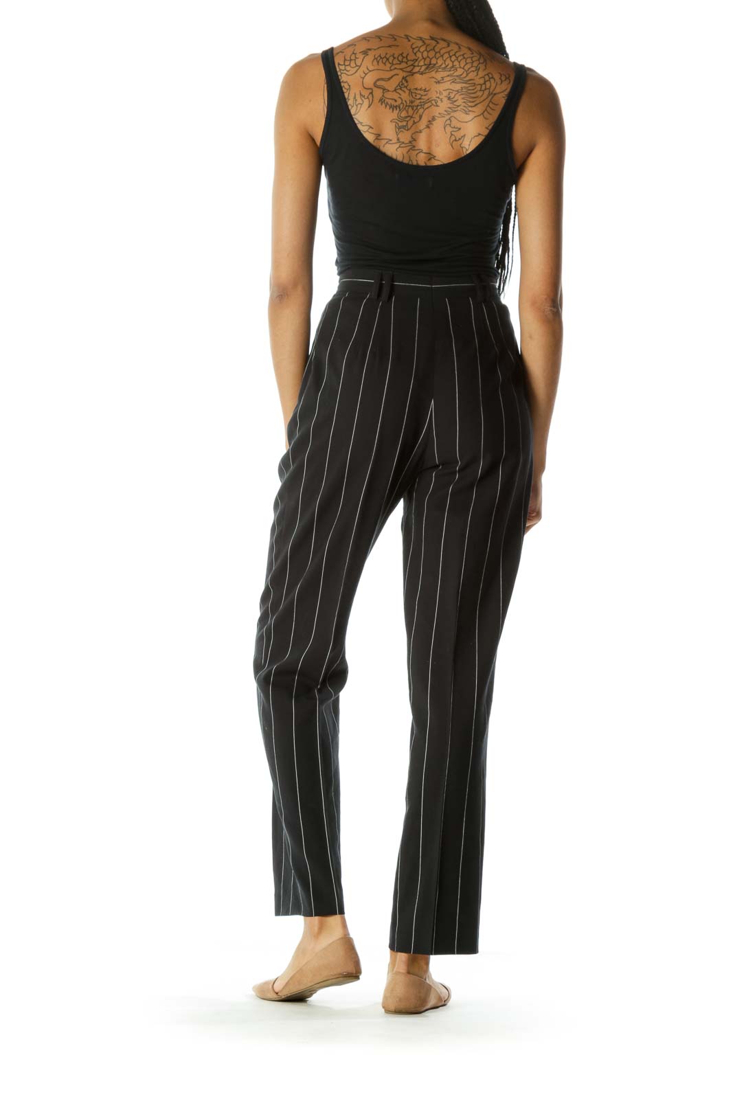 Navy & White Pinstripe 100% Pure Wool Designer High-Waisted Pants