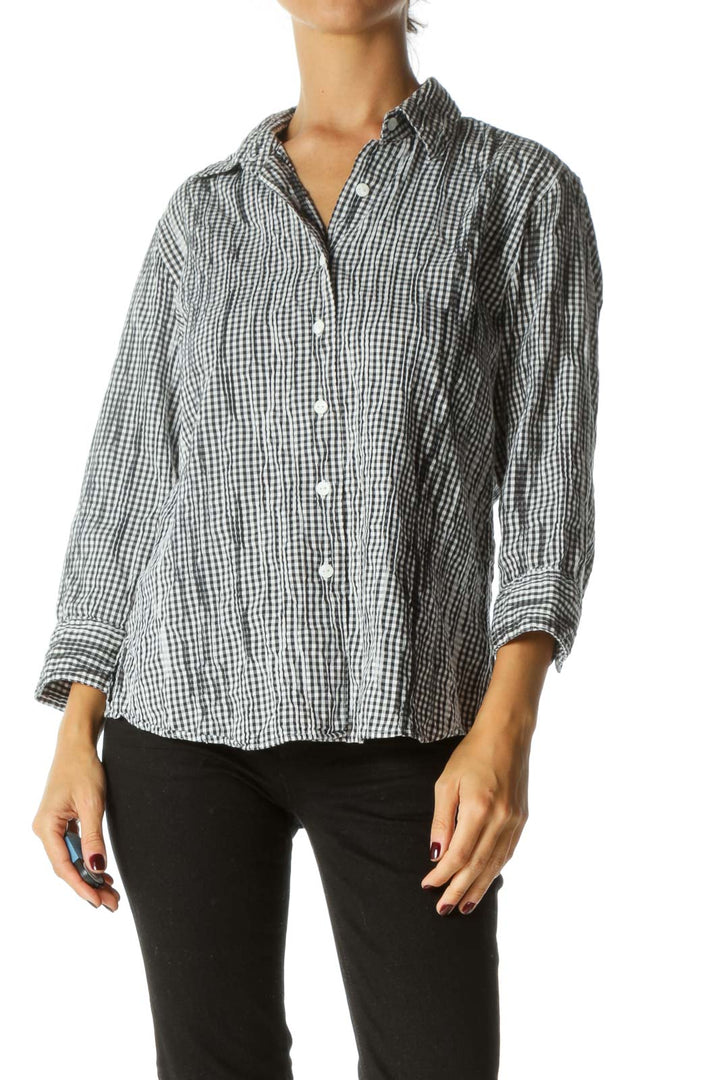 Black White Textured Checkered Print Buttoned Shirt