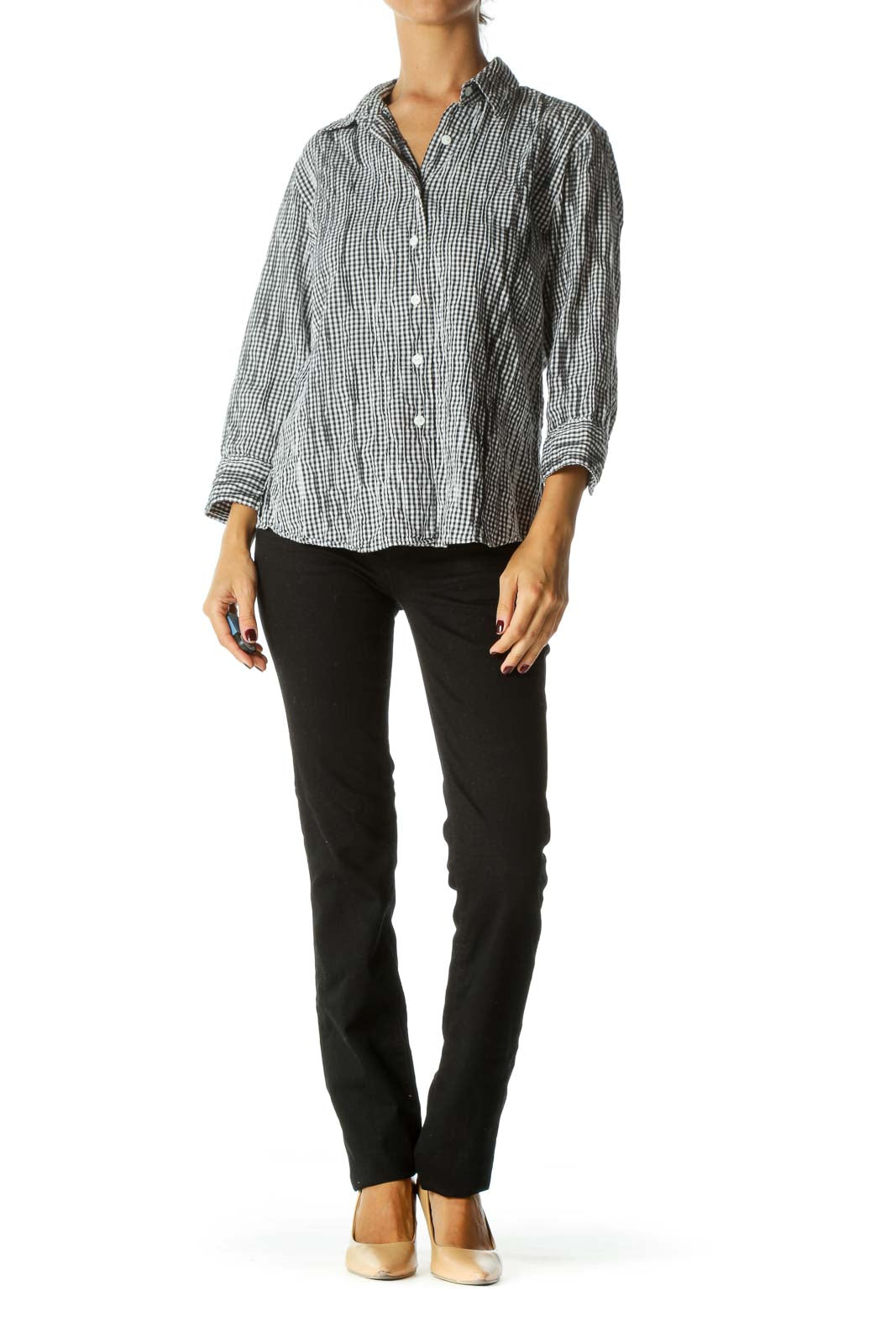 Black White Textured Checkered Print Buttoned Shirt