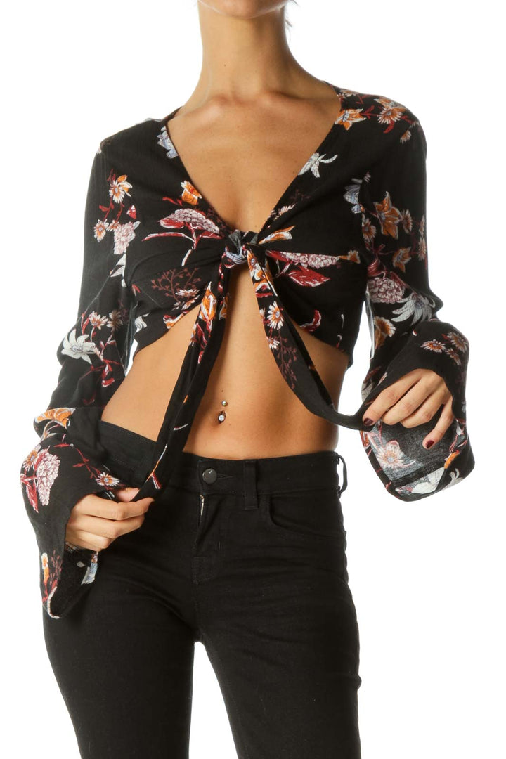 Black Orange Red Floral Print Front Knot Bolero Top