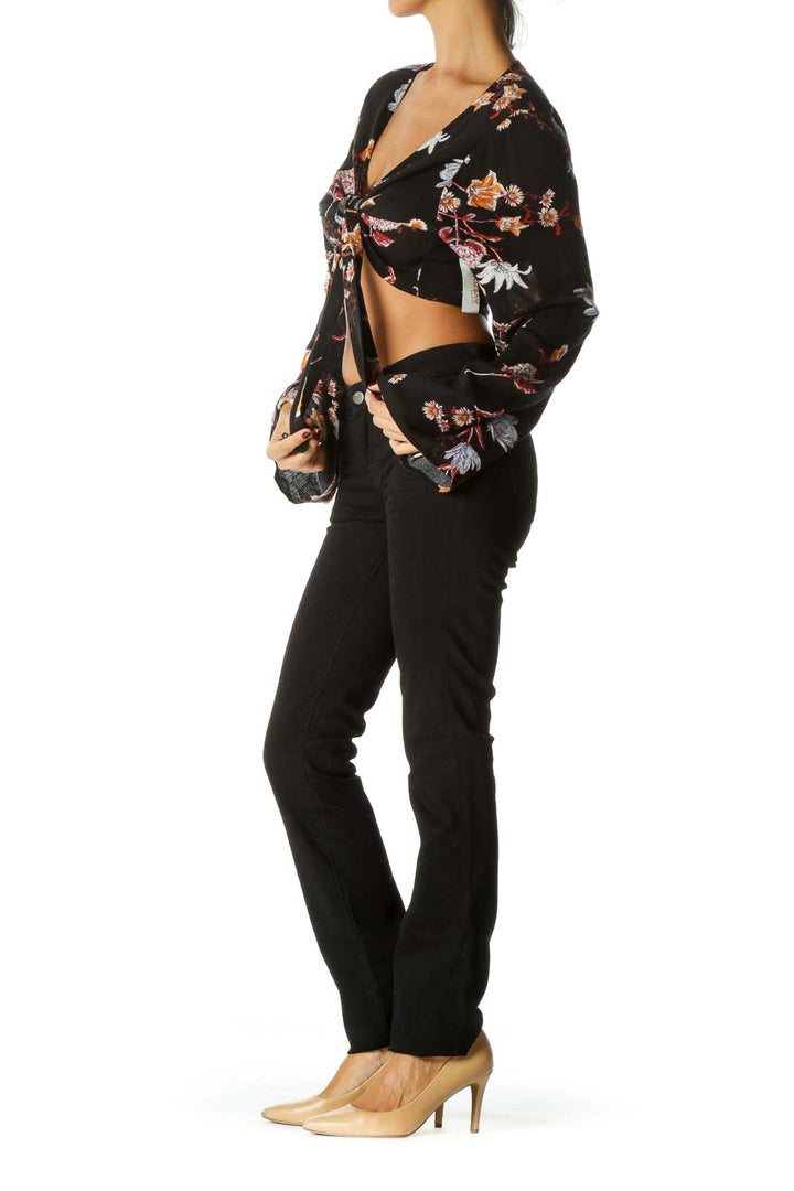 Black Orange Red Floral Print Front Knot Bolero Top