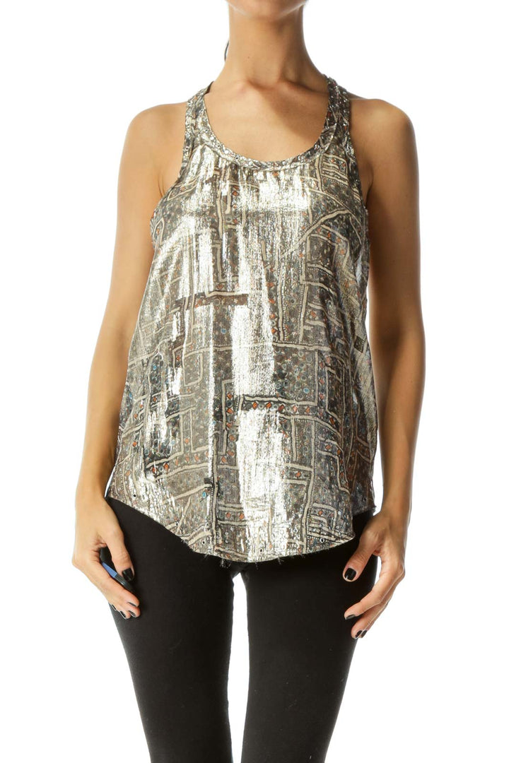 Gold Gray Orange Silk Blend Print Textured Studs Raw Hem Tank Top