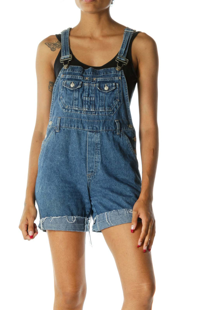 Blue Medium Wash Raw Hem Denim Short Overalls