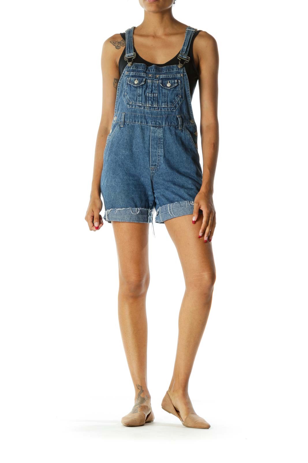 Blue Medium Wash Raw Hem Denim Short Overalls