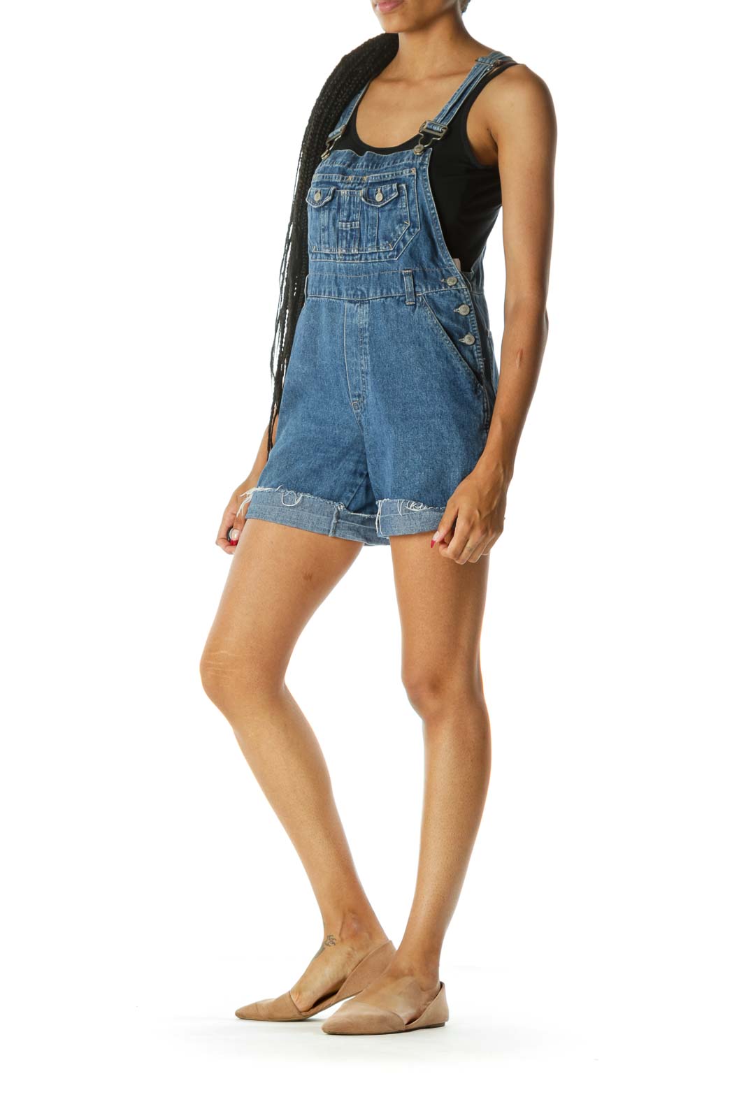 Blue Medium Wash Raw Hem Denim Short Overalls