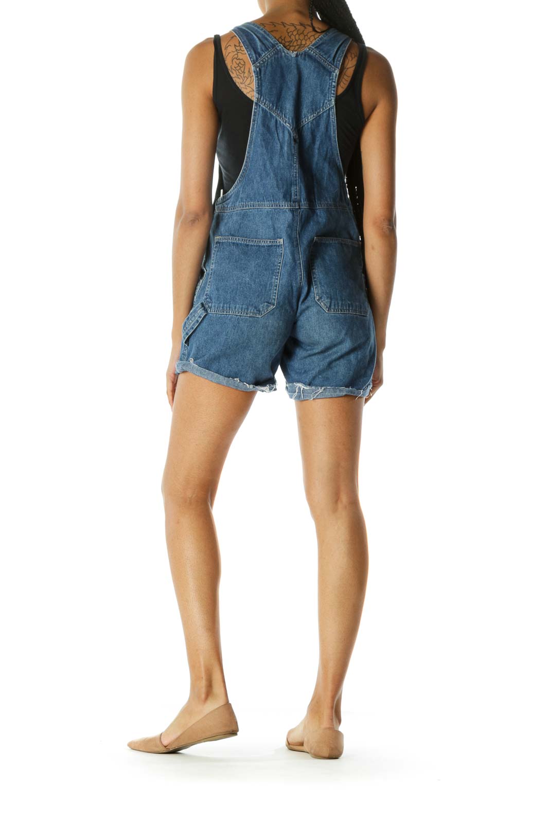 Blue Medium Wash Raw Hem Denim Short Overalls