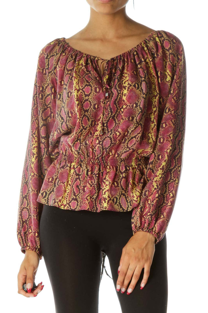 Pink Yellow Snake Print 100% Silk Cold Shoulder Blouse