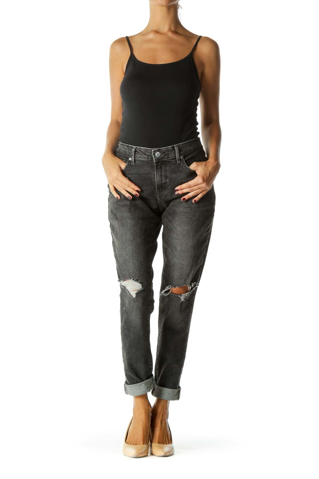 Black Distressed Mid-Rise Skinny Jeans