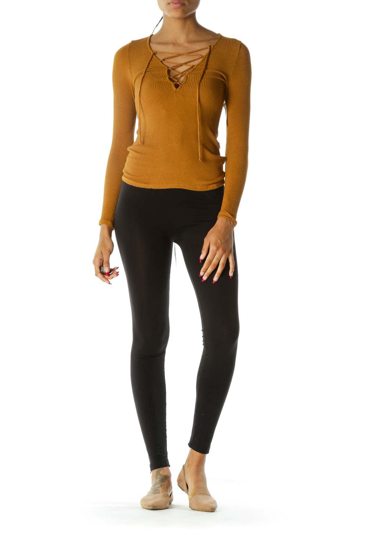 Mustard Yellow Crisscross Ribbed Texture Long Sleeve Stretch Top