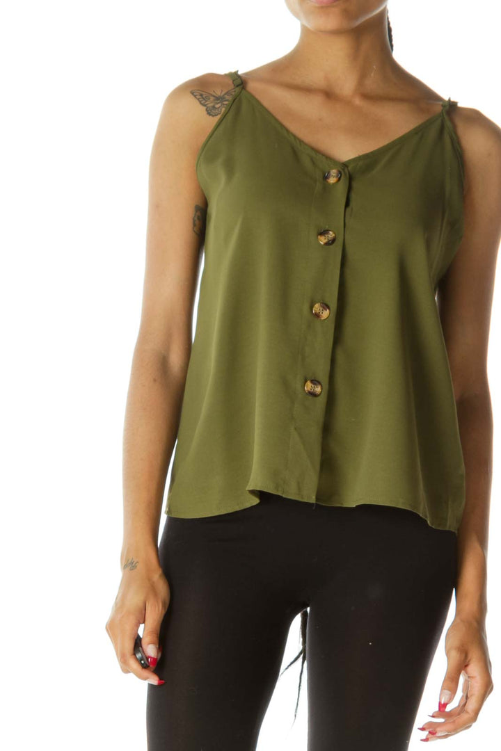 Olive Green Buttoned V-Neck Spaghetti Strap Top