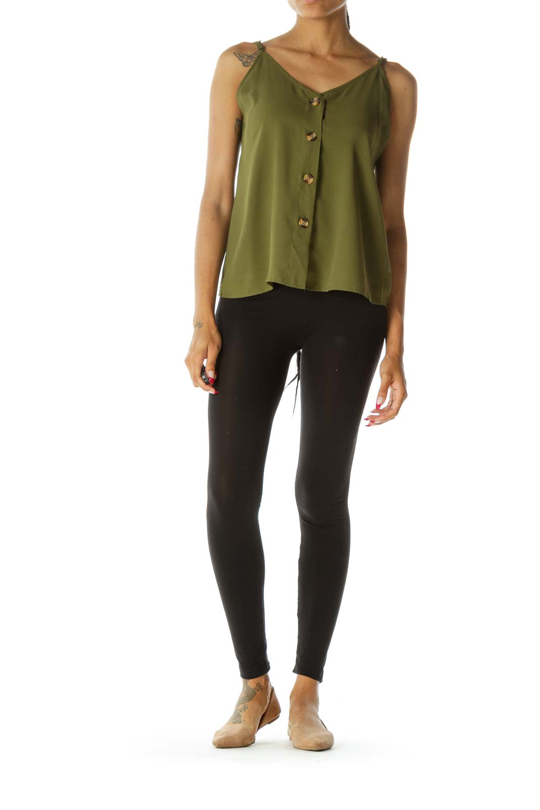 Olive Green Buttoned V-Neck Spaghetti Strap Top