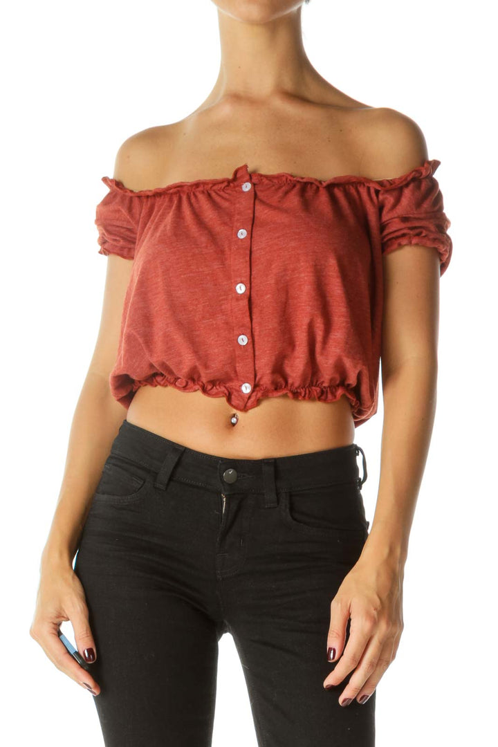 Burnt Orange Ruffle Detailing Buttoned Stretch Crop Top