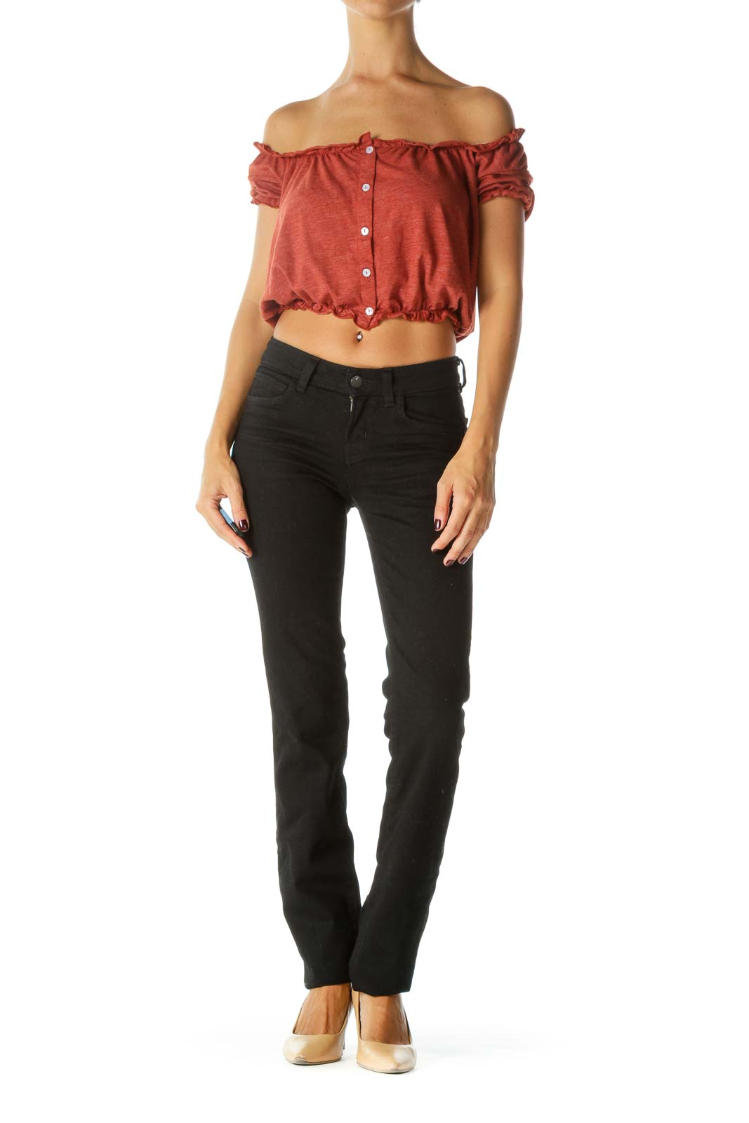 Burnt Orange Ruffle Detailing Buttoned Stretch Crop Top