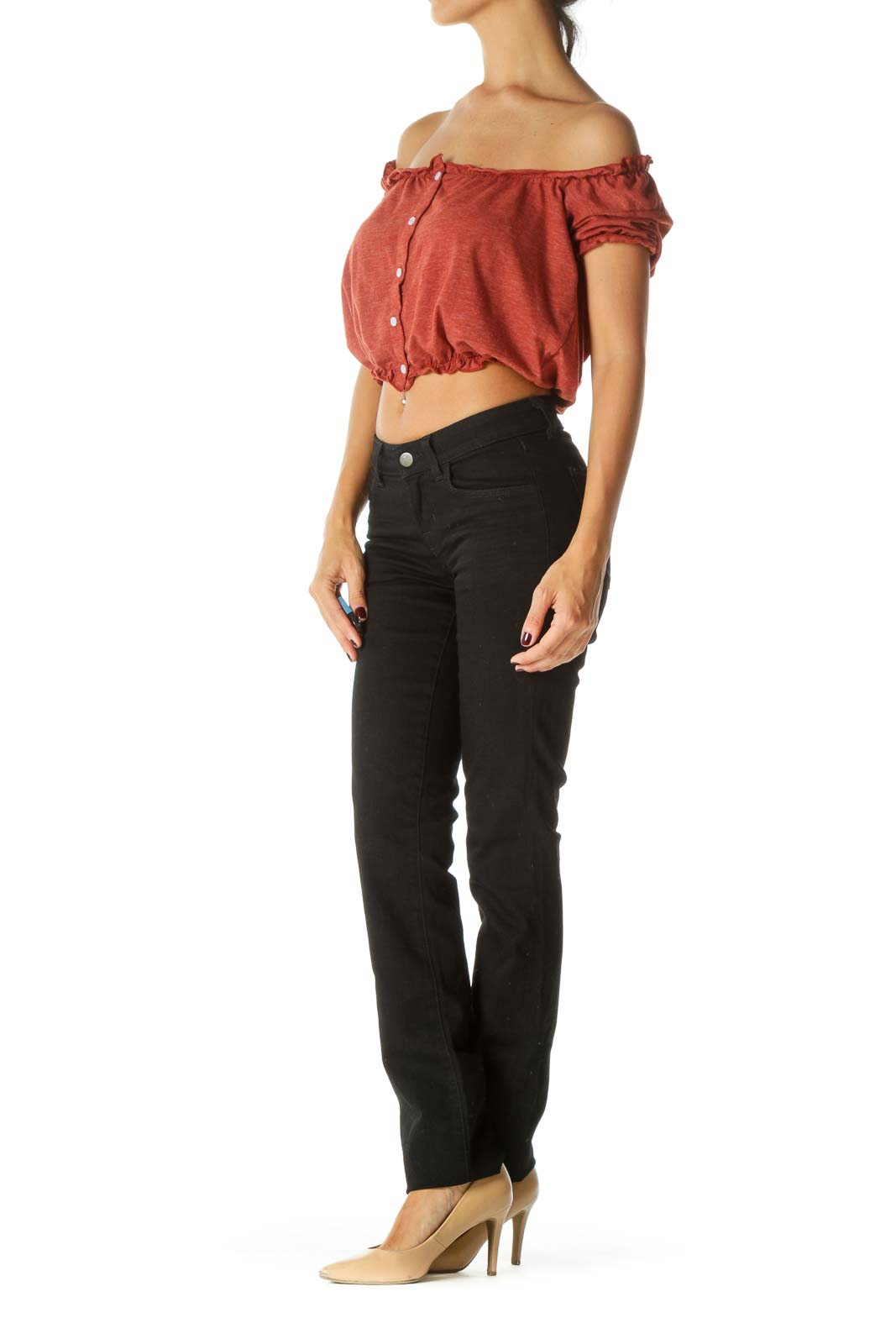 Burnt Orange Ruffle Detailing Buttoned Stretch Crop Top