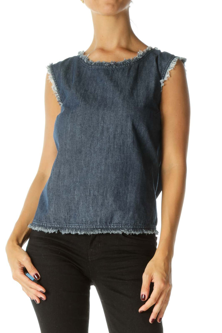 Blue Dark Wash Raw Hem Round Neck Sleeveless Denim Top