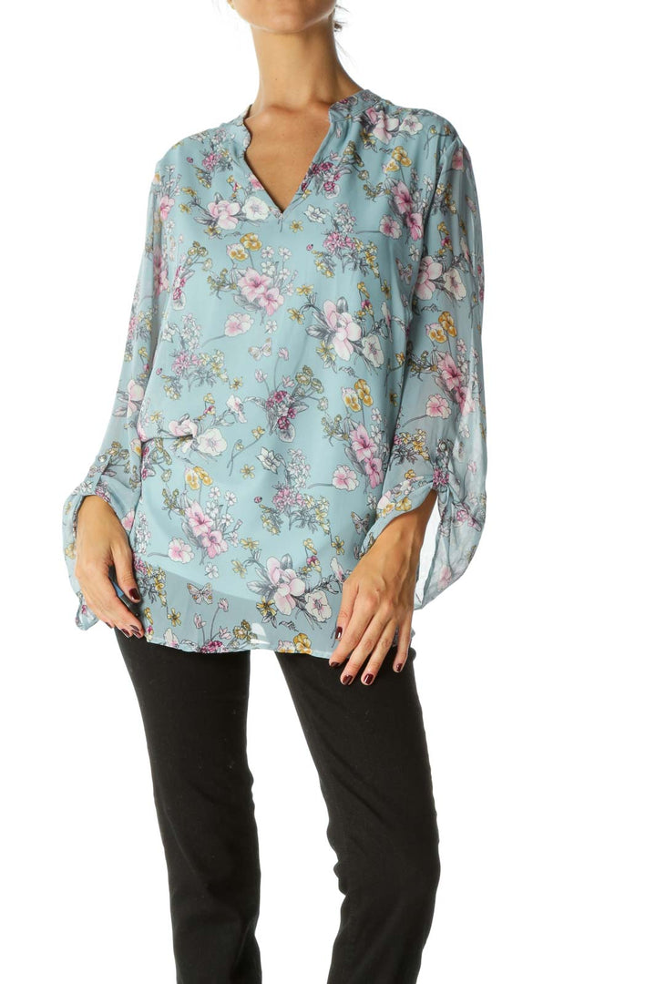 Blue White Purple Floral Print V-Neck Long Sleeve Blouse