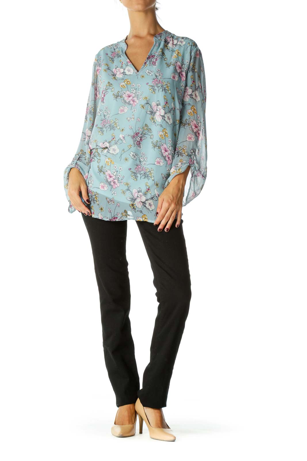 Blue White Purple Floral Print V-Neck Long Sleeve Blouse