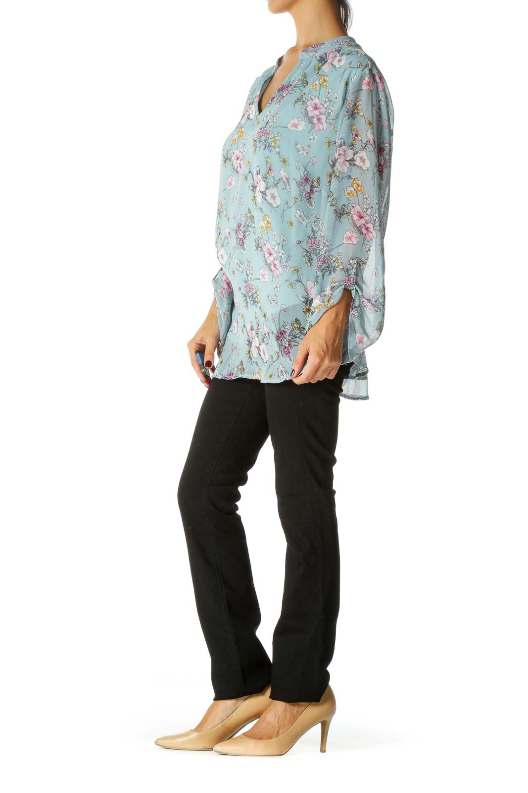 Blue White Purple Floral Print V-Neck Long Sleeve Blouse