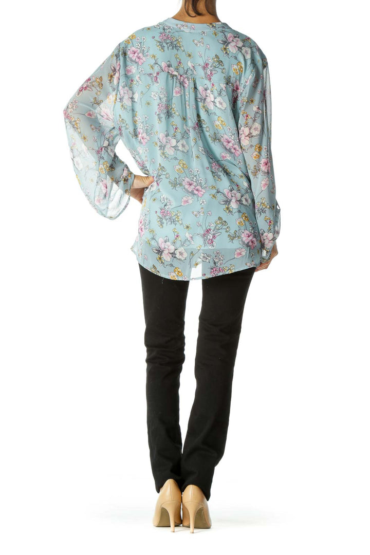 Blue White Purple Floral Print V-Neck Long Sleeve Blouse