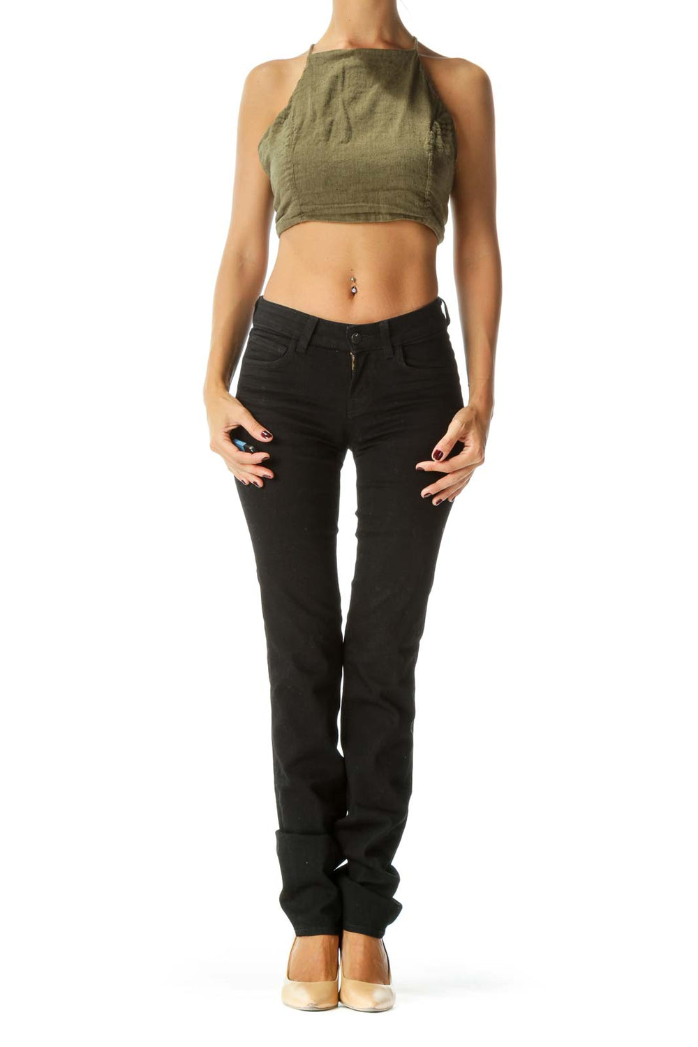 Front view of olive green cropped halter top by Free People