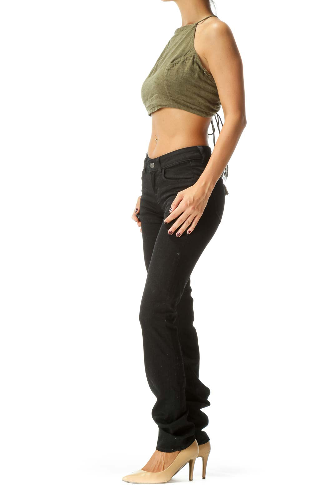 Front view of olive green cropped halter top by Free People