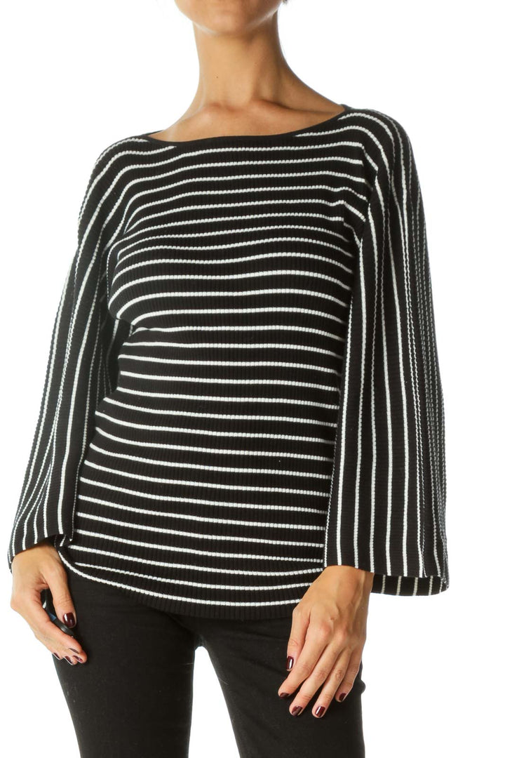 Black White Striped Wide Sleeves Stretch Cotton Top